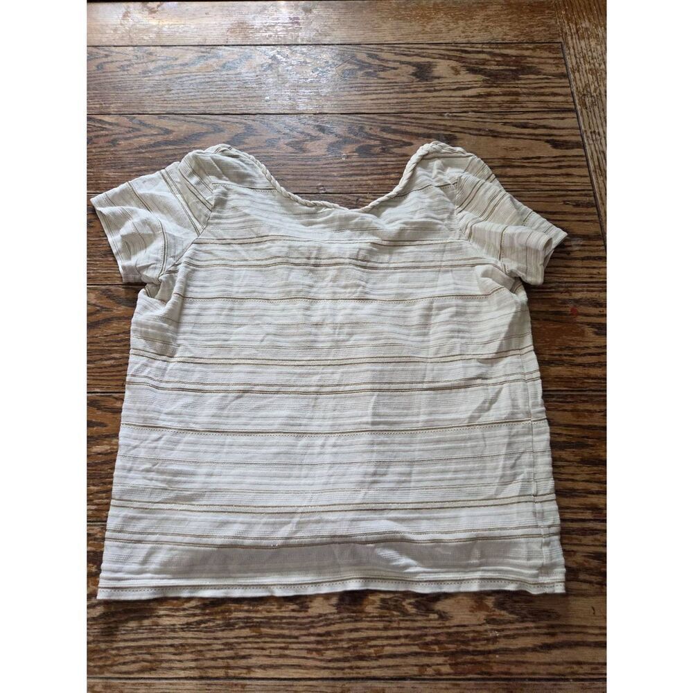 Sezane striped tan&white braided neckline top sz Large